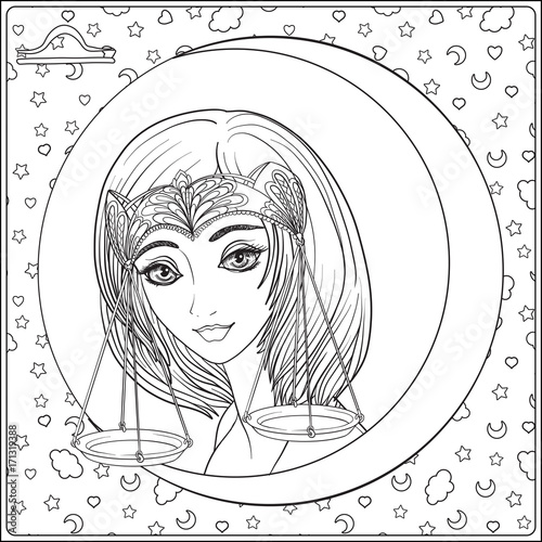 Libra. A young beautiful girl In the form of one of the signs of the zodiac.  Outline hand drawing coloring page for adult coloring book. Stock line vector illustration.