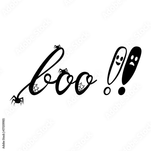 Boo modern inscription with a ghost and spider. Background for Halloween