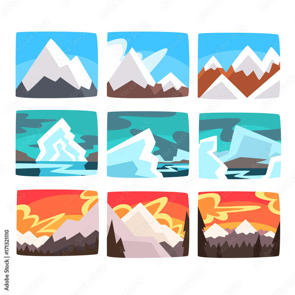 Beautiful mountain landscapes set in different times of day