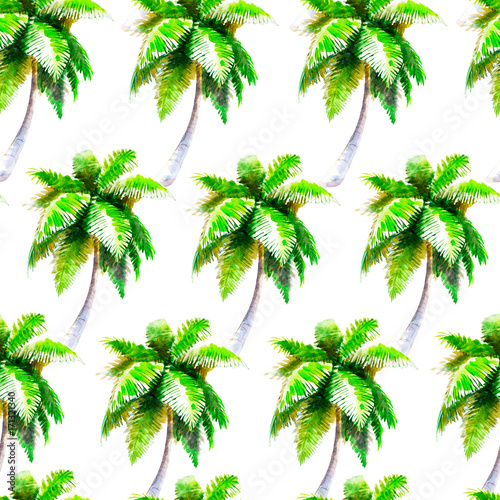 Watercolor palmtree seamless pattern  bright hand-drawn summer  background.