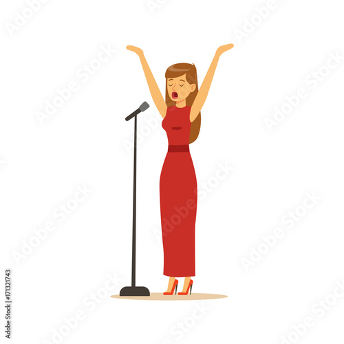 Beautiful woman singer in red dress performing a song vector Illustration
