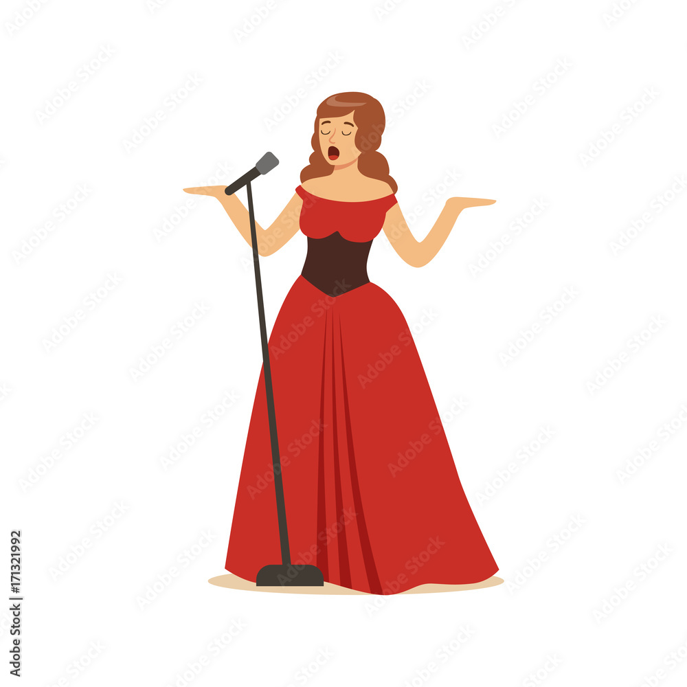 Beautiful woman opera singer in long red dress singing with microphone