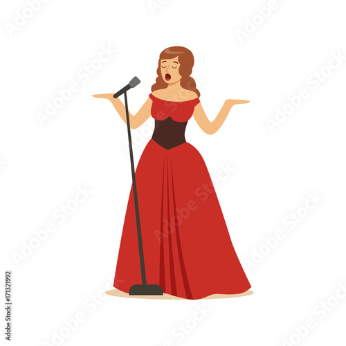 Beautiful woman opera singer in long red dress singing with microphone vector Illustration