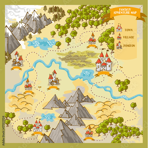 Fantasy Advernture map elements with colorful doodle hand draw in vector illustration photo