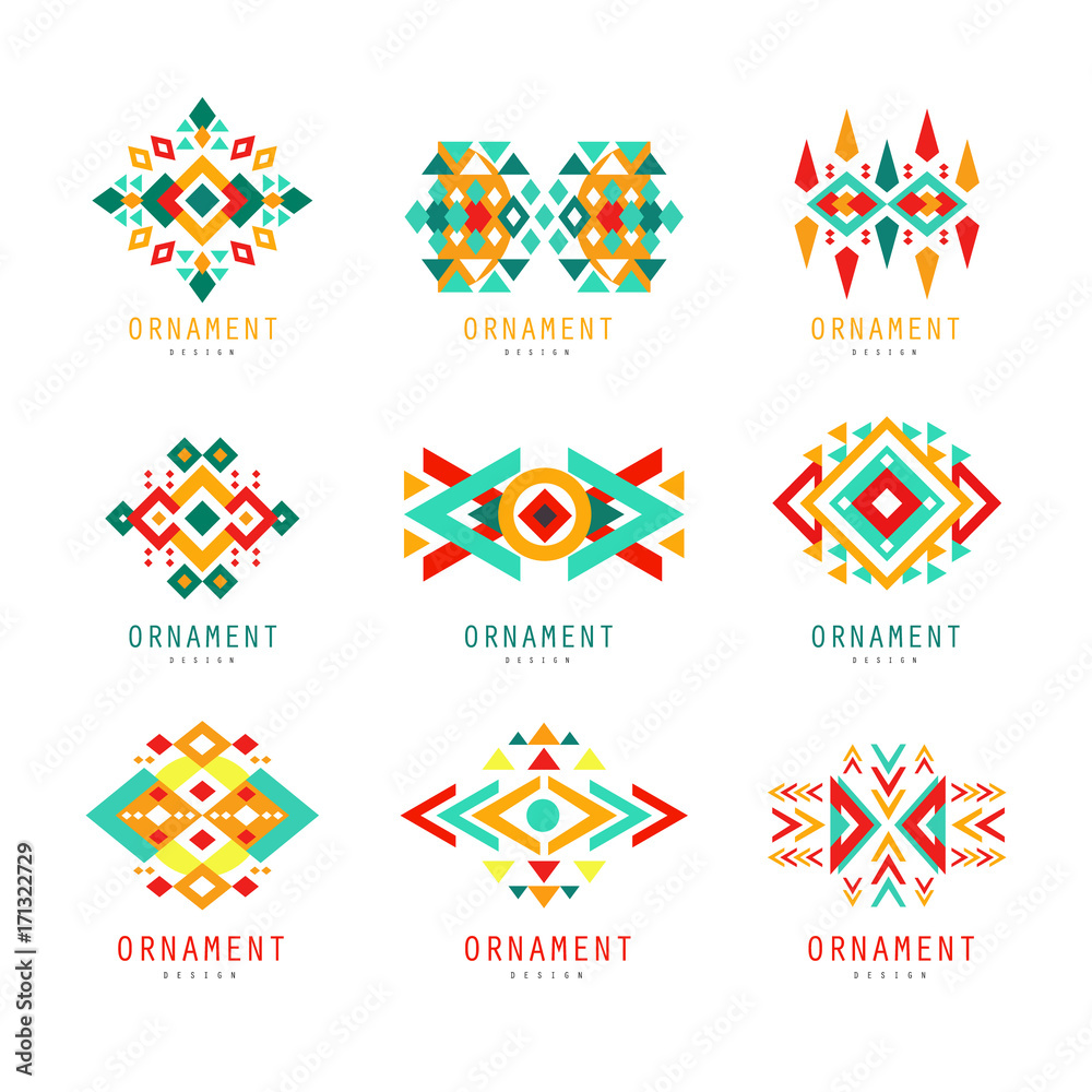 Fototapeta premium Geometric ornament set, abstract logo elements colorful vector Illustrations