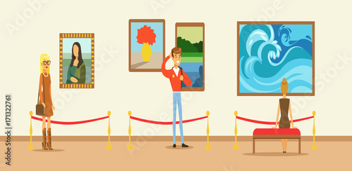 Museum visitors looking at the painting hanging on gallery wall, people viewing museum exhibit