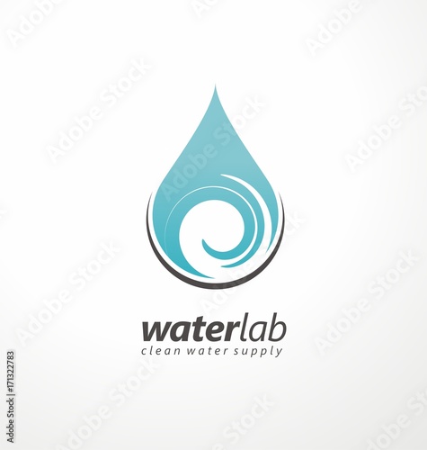 Water supply logo design template with water drop and swirl design element in negative space