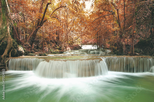 Huay Mae Kamin Waterfall, beautiful waterfall in autumn forest, Kanchanaburi province, Thailand