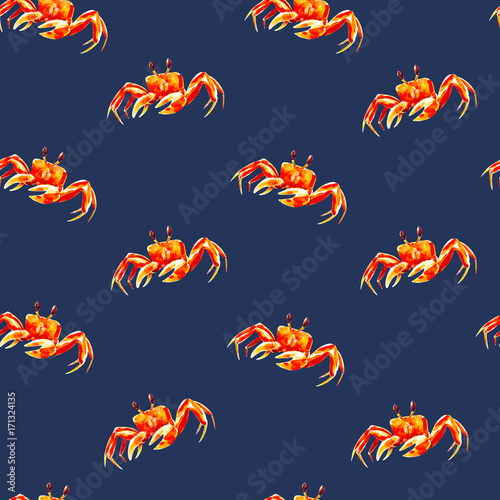 Watercolor seamless pattern with crabs, hand-drawn watercolor background.
