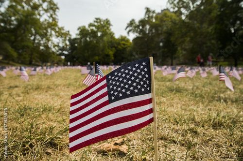 Flags for 9/11 victims on anniversary of September 11, 2001 terrorist attacks in the United States.