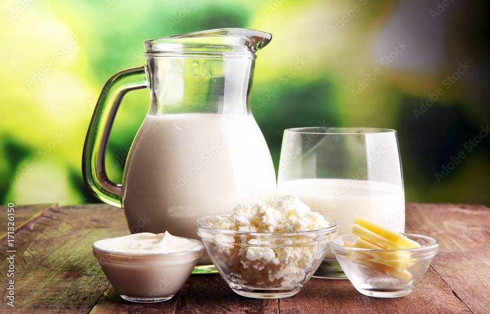 milk products. tasty healthy dairy products on a table