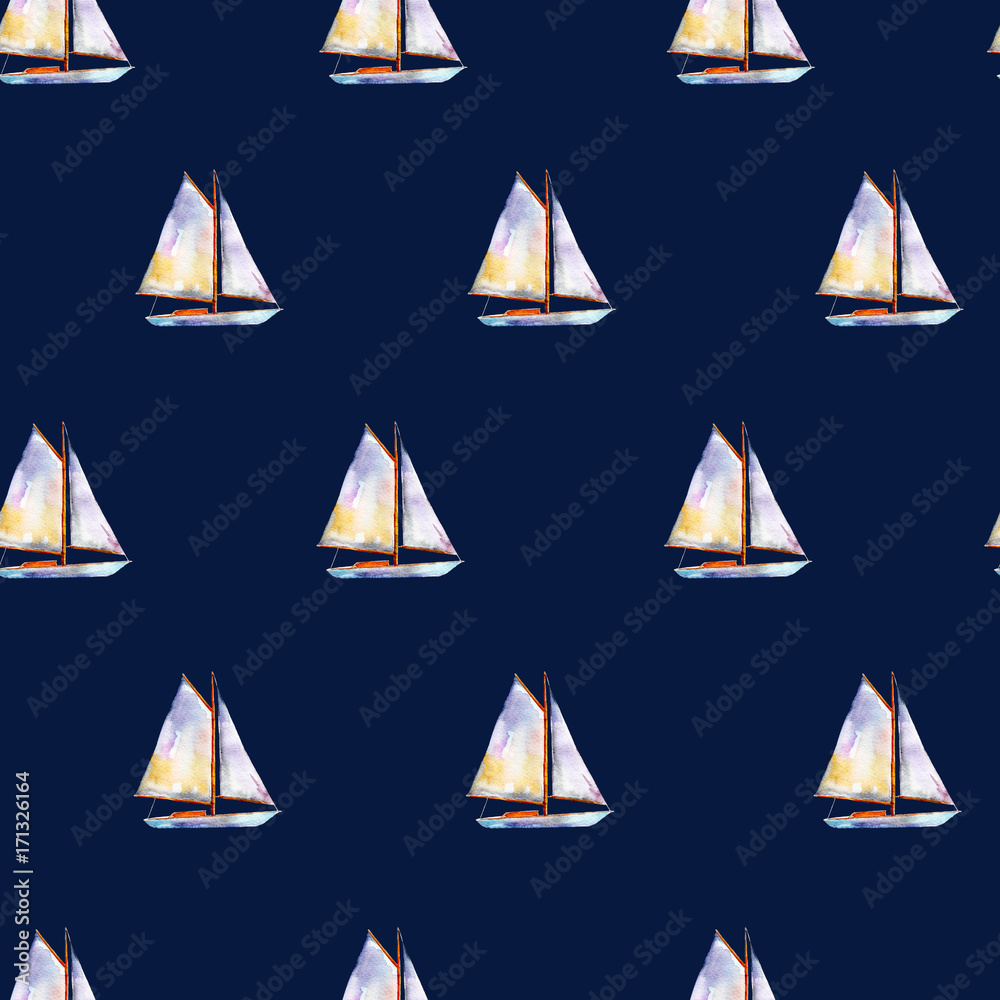 Watercolor seamless pattern with sailboats, bright hand-drawn summer background. Watercolor seamless pattern with sailboats, bright hand-drawn summer background.