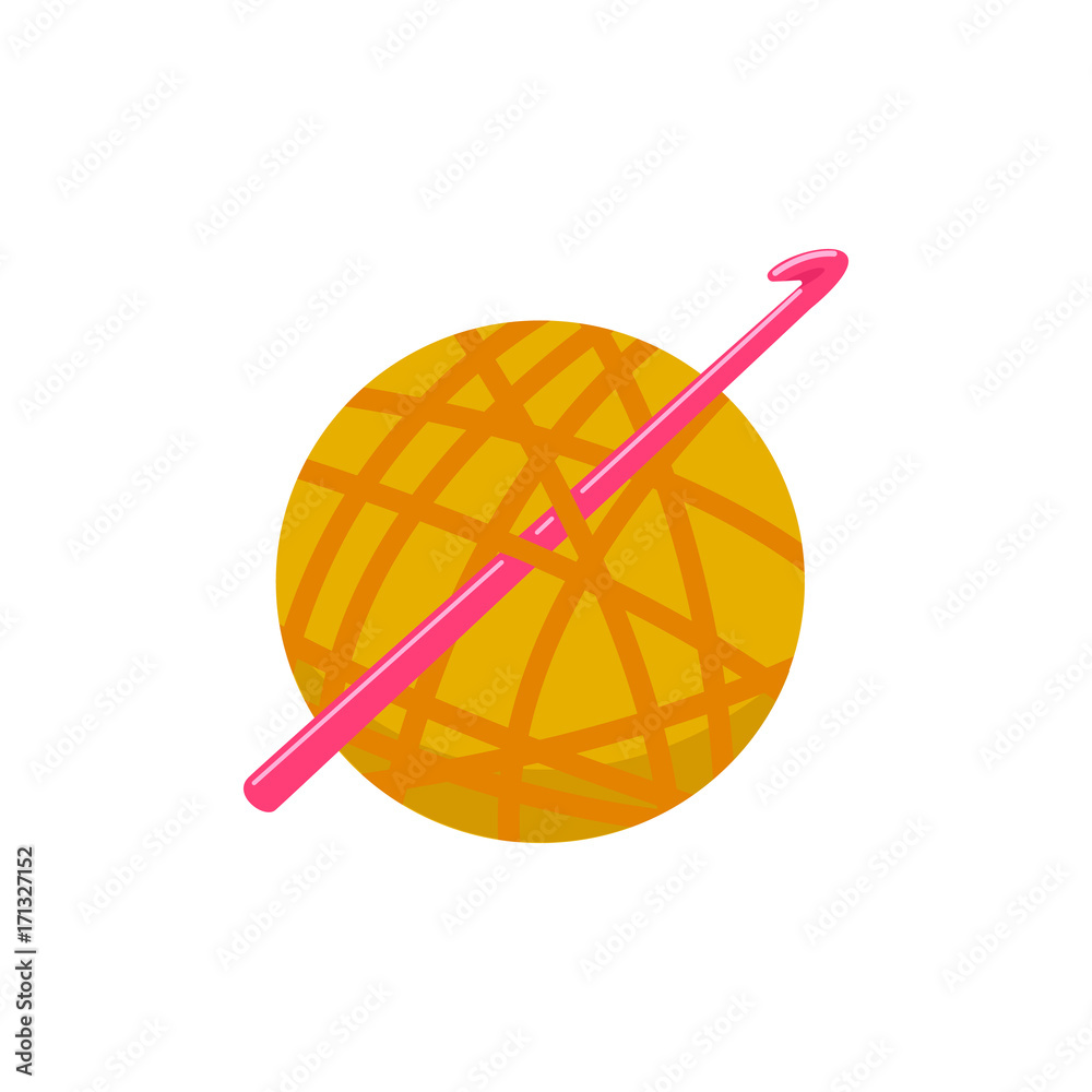 Ball of yarn with crochet. Handmade. Vector illustration, flat design Ball of yarn with crochet. Handmade. Vector illustration, flat design