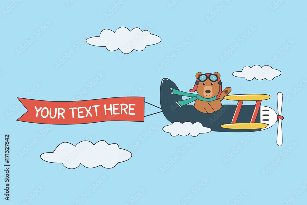 Plakat Niedźwiedź latający na niebie w samolocie z banerem