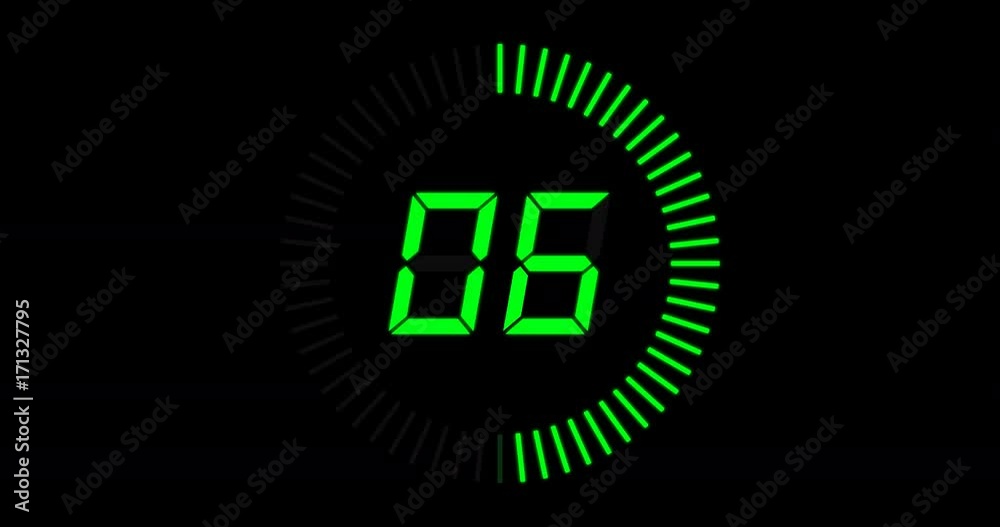 Digital countdown clock, 10 seconds with numbers and circle marking time, 60fps