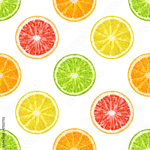 Vector seamless pattern from citrus slices. Orange, lemon, lime, grapefruit slices