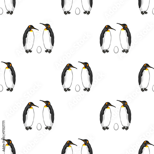 Vector seamless pattern of bird penguin couple with egg. Emperor penguin family