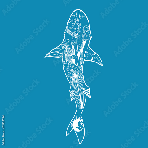 Vector shark top view in zentangle style. White hand drawing marine animal on blue background. Decorative fish