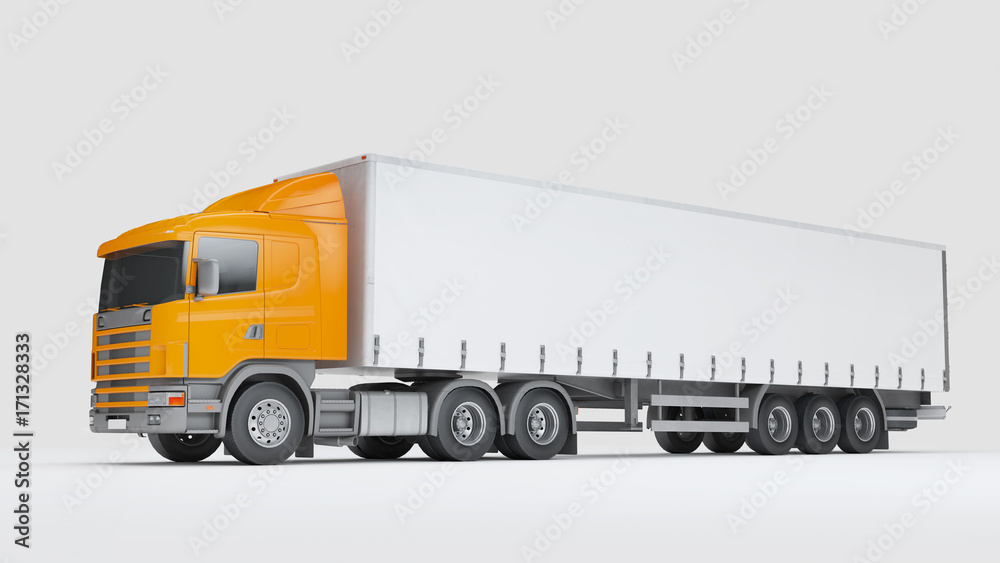 Logistics concept. Cargo truck transporting goods isolated on white background. Side view. 3D illustration