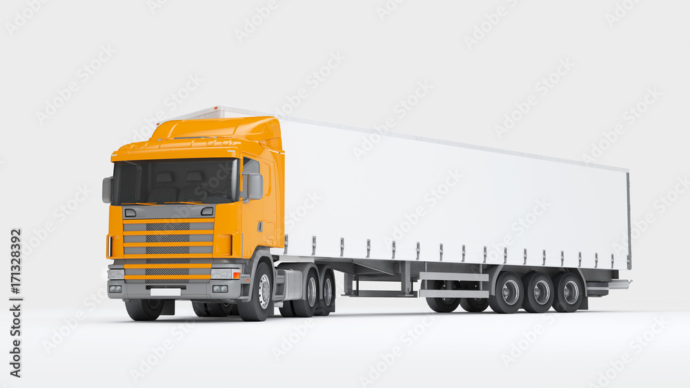 Logistics concept. Cargo truck transporting goods turned into camera. isolated on white background. Front perspective view. 3D illustration Logistics concept. Cargo truck transporting goods turned into camera. isolated on white background. Front perspective view. 3D illustration