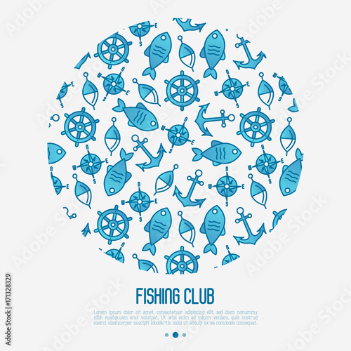 Fishing club concept in circle with fish, bobber and anchor. Marine background with thin line icons. Template for design banners, postcard, invitation.