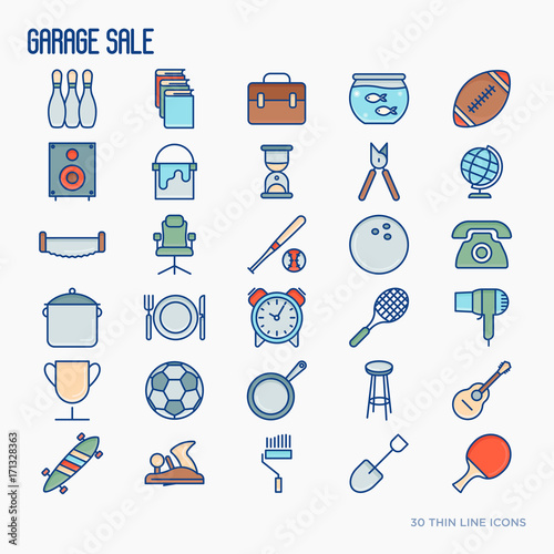 Garage sale or flea market thin line icons set. Vector illustration for banner, web page, print media.