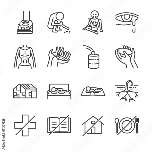 Destitution line icon set. Included the icons as scraggy, skinny, starving, homeless, beggar, poor and more.