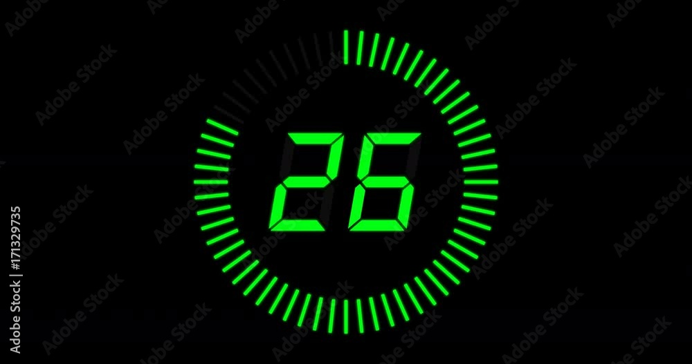 Digital countdown clock, 30 seconds with numbers and circle marking time, 60fps