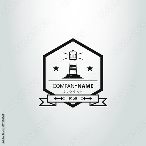 black and white simple flat lighthouse in a hexagon frame