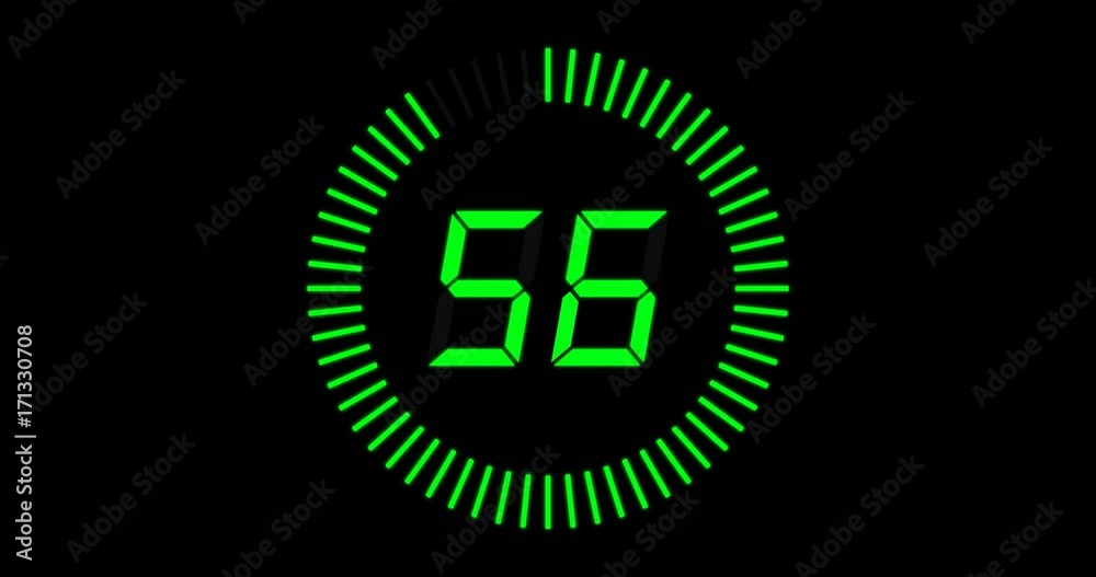 Digital countdown clock, 60 seconds with numbers and circle marking time, 60fps