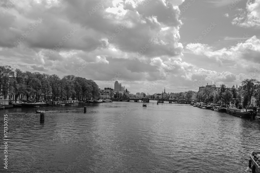 Black And White Photot Of The River Amstel At Amsterdam The Netherlands 