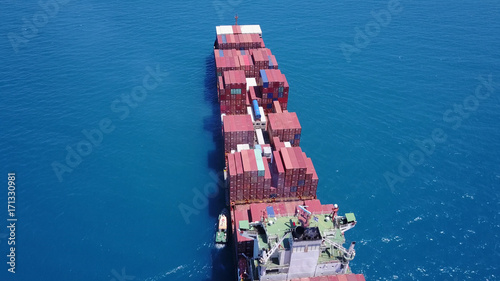 large huge container ship fully loaded at sea aerial shot