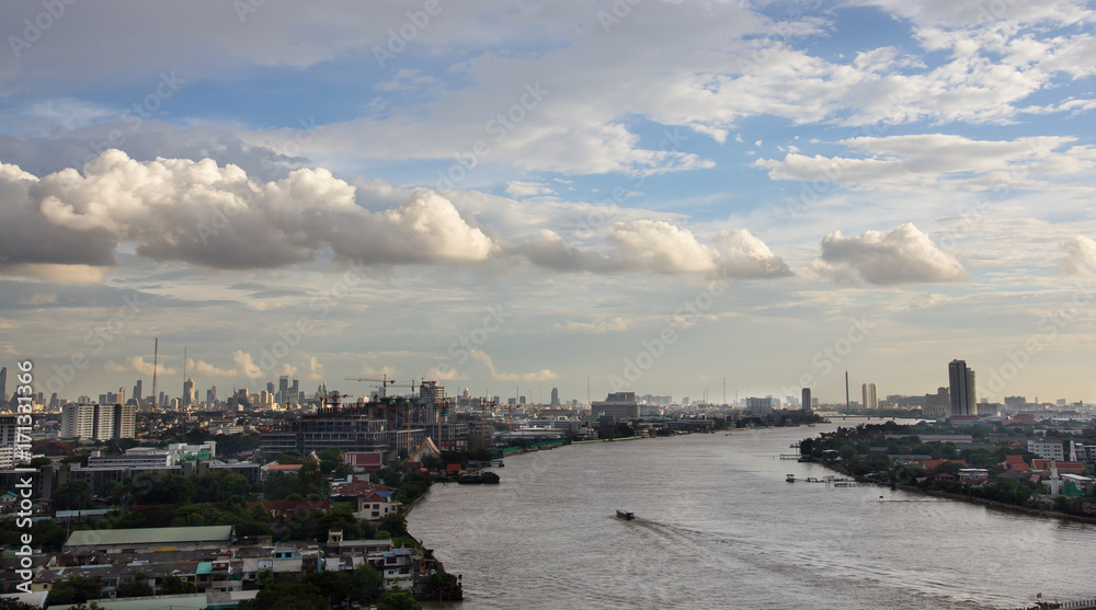 Landscape view of Bangkok with Chao Phraya river and blue sky, Bangkok Thailand	