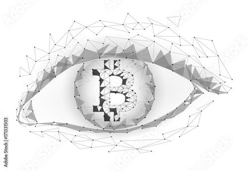 Crypto currency bitcoin in eye. Net banking mining future technology vector greed concept. Cryptography finance digital worldwide coin low poly polygonal triangle icon illustration