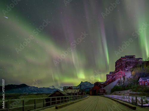 Northern lights over Kennicott Mill building, St Elias National Park in Alaska. photo