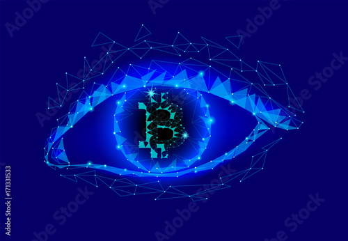 Crypto currency bitcoin in eye. Net banking mining future technology vector greed concept. Cryptography finance digital worldwide coin low poly polygonal triangle icon illustration