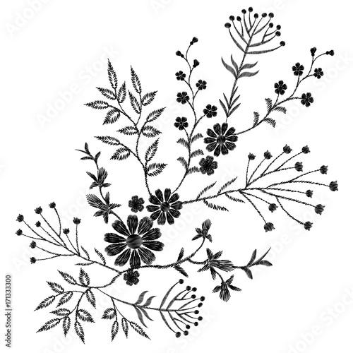 Black floral embroidery ornament. Fashion clothes decoration patch stitch texture embroidered field flower leaves. White background vector illustration