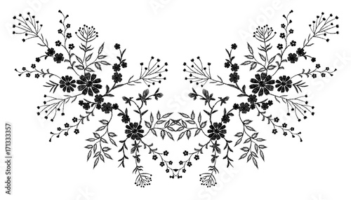 Black floral embroidery ornament. Fashion clothes decoration patch stitch texture embroidered field flower leaves. White background vector reflection symmetric illustration