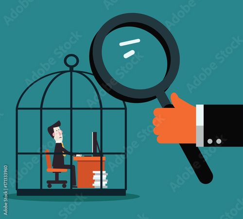 Boss examining employee with magnifying glass. Work under pressure, stressing situations, subordination, overwork and power abuse vector concept illustration. Stressed and sad businessman at work