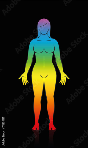 Female body - rainbow colored silhouette of a woman in meditating upright standing yoga position on black background.