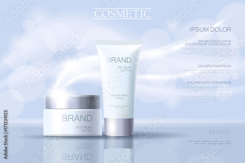 Realistic delicate cosmetic ads banner template. 3d detailed light blue tube metallic silver design commercial promotional element. Defocused blurry glowing wave background vector illustration