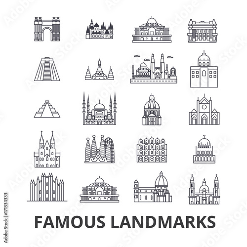 Famous landmark, sights, world place, world travel, tourism, vacation line icons. Editable strokes. Flat design vector illustration symbol concept. Linear signs isolated on background