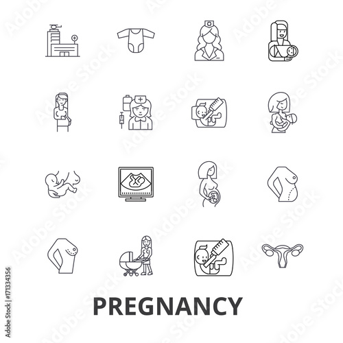 Obstetrics, gynecology, obstetrician, obgyn, maternity, pregnancy, birth line icons. Editable strokes. Flat design vector illustration symbol concept. Linear signs isolated on background