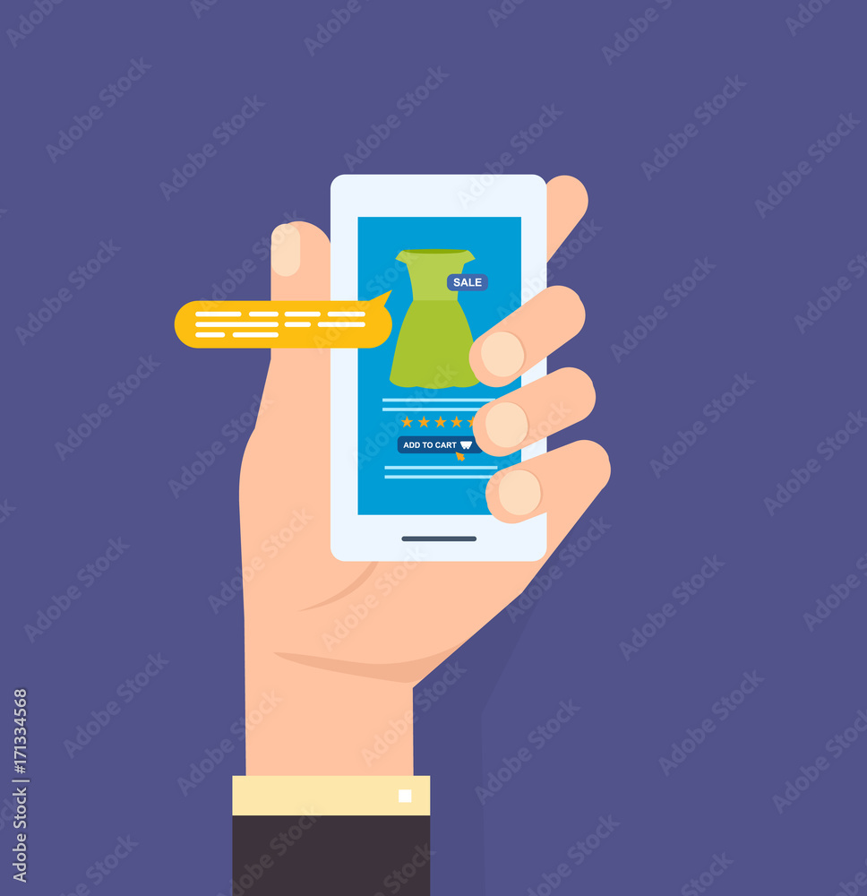 Hand hold phone. Online store on the smartphone. Mobile applications.