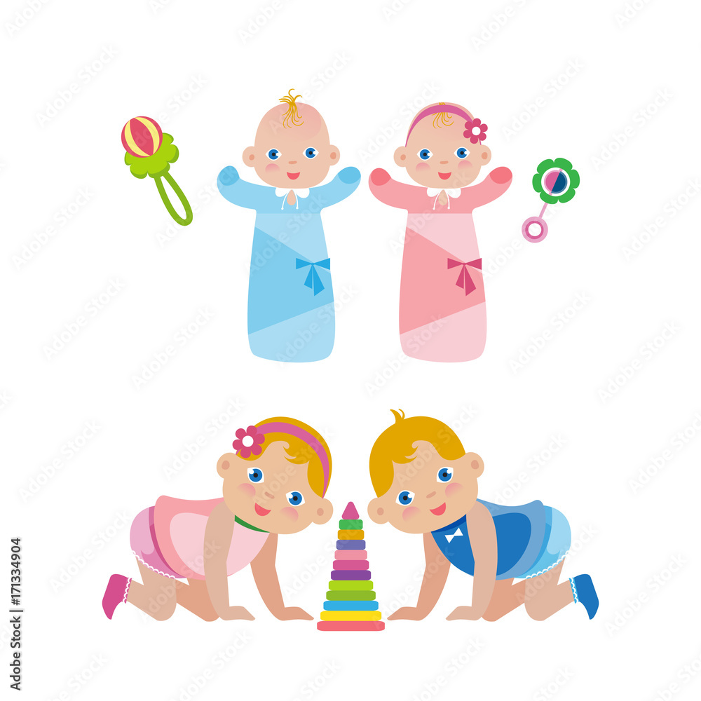 Newborn babies in diapers and children crawling on their knees. Newborn babies in diapers and children crawling on their knees.