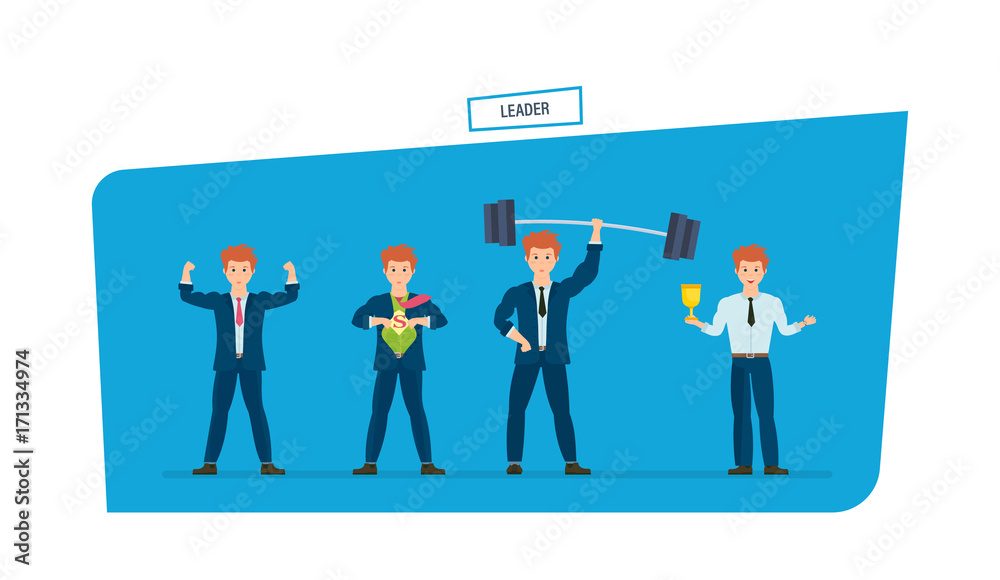 Set of leader businessman is superhero, in different situations. Set of leader businessman is superhero, in different situations.