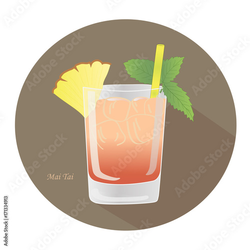 Hand drawn vector illustration of a Mai Tai alcohol rum cocktail with a mint leaf, yellow straw, pineapple spear, in an old fashioned glass, in a brown circle with a shadow.