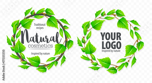 Принти на полотні Natural organic sign logo with green birchen leaves in circle.