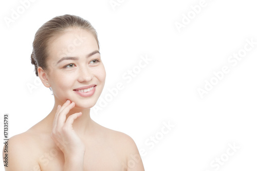 Woman with a natural beauty makeup look isolated on white background with copy space