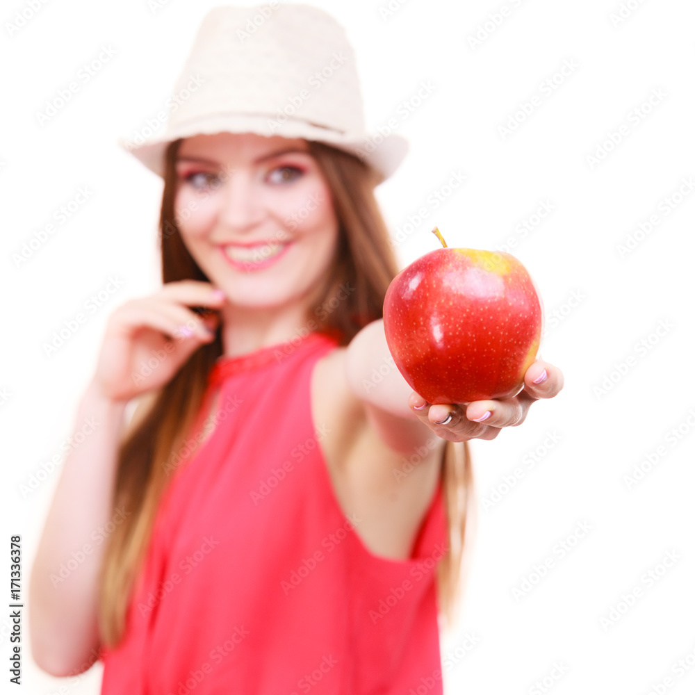 Woman summer hat colorful makeup holds apple fruit Woman summer hat colorful makeup holds apple fruit